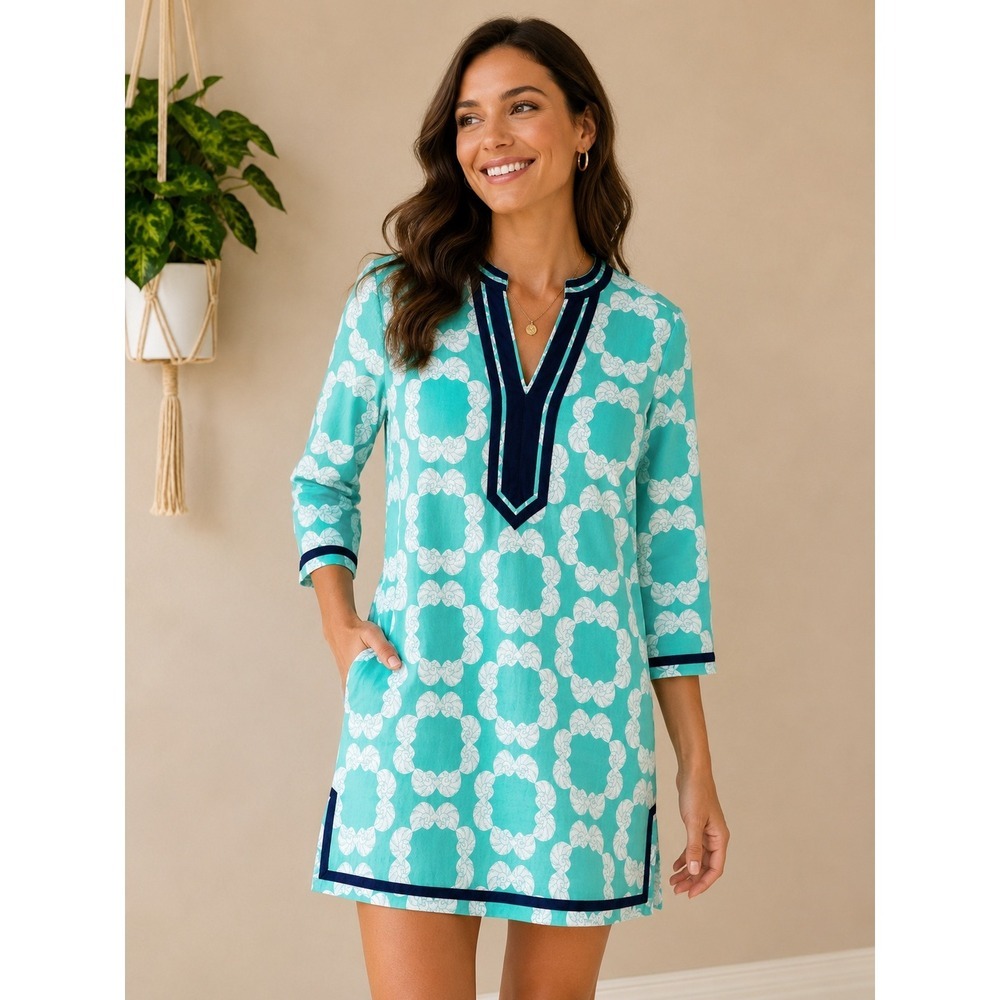 Crown & Ivy Beach Turquoise Shell Print Tunic Dress Navy Trim XS Womens Pocket